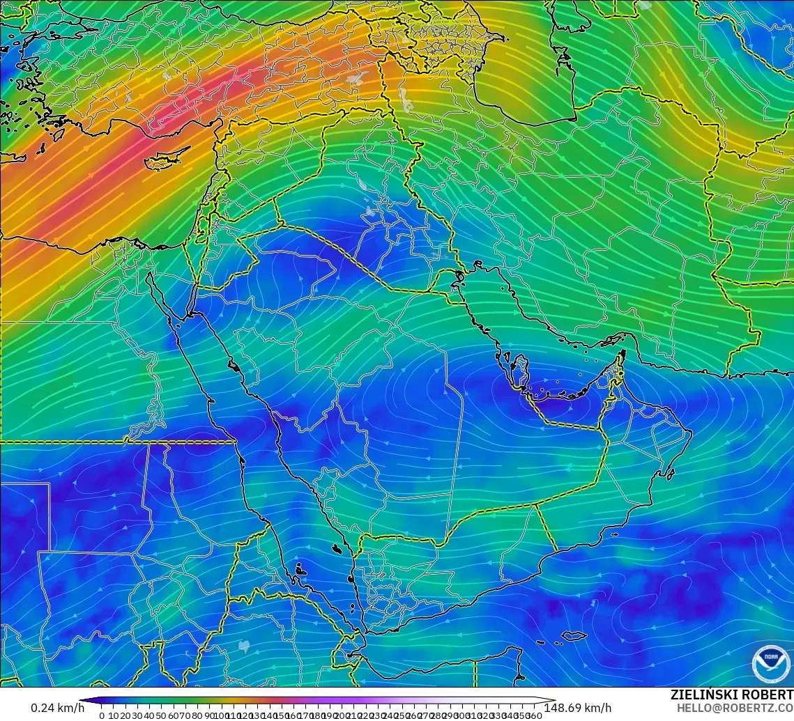 GFS model - Middle East, Wind at 300hPa (jet stream)