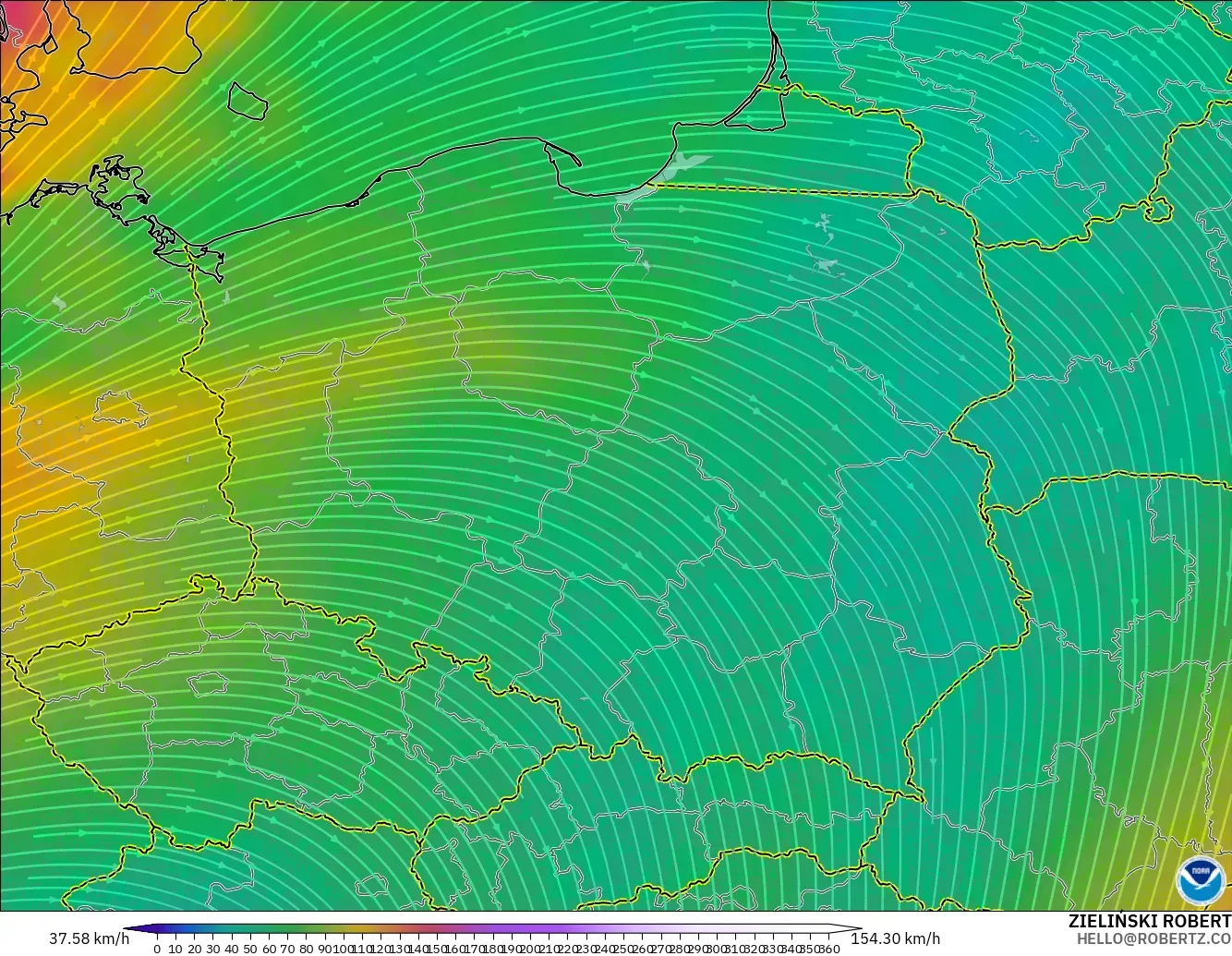 GFS model - Poland, Wind at 300hPa (jet stream)