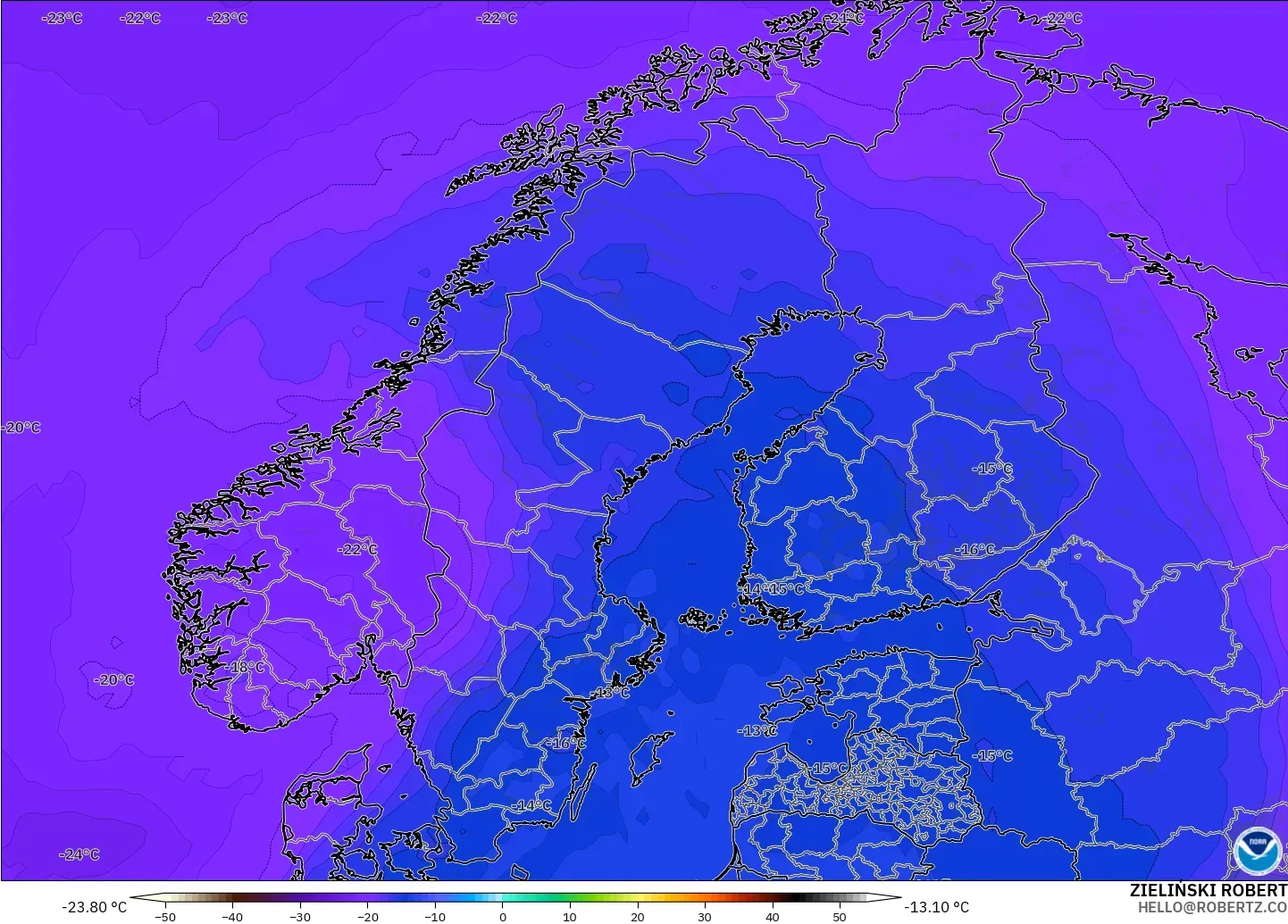 GFS model - Scandinavia, Temperature at 500hPa