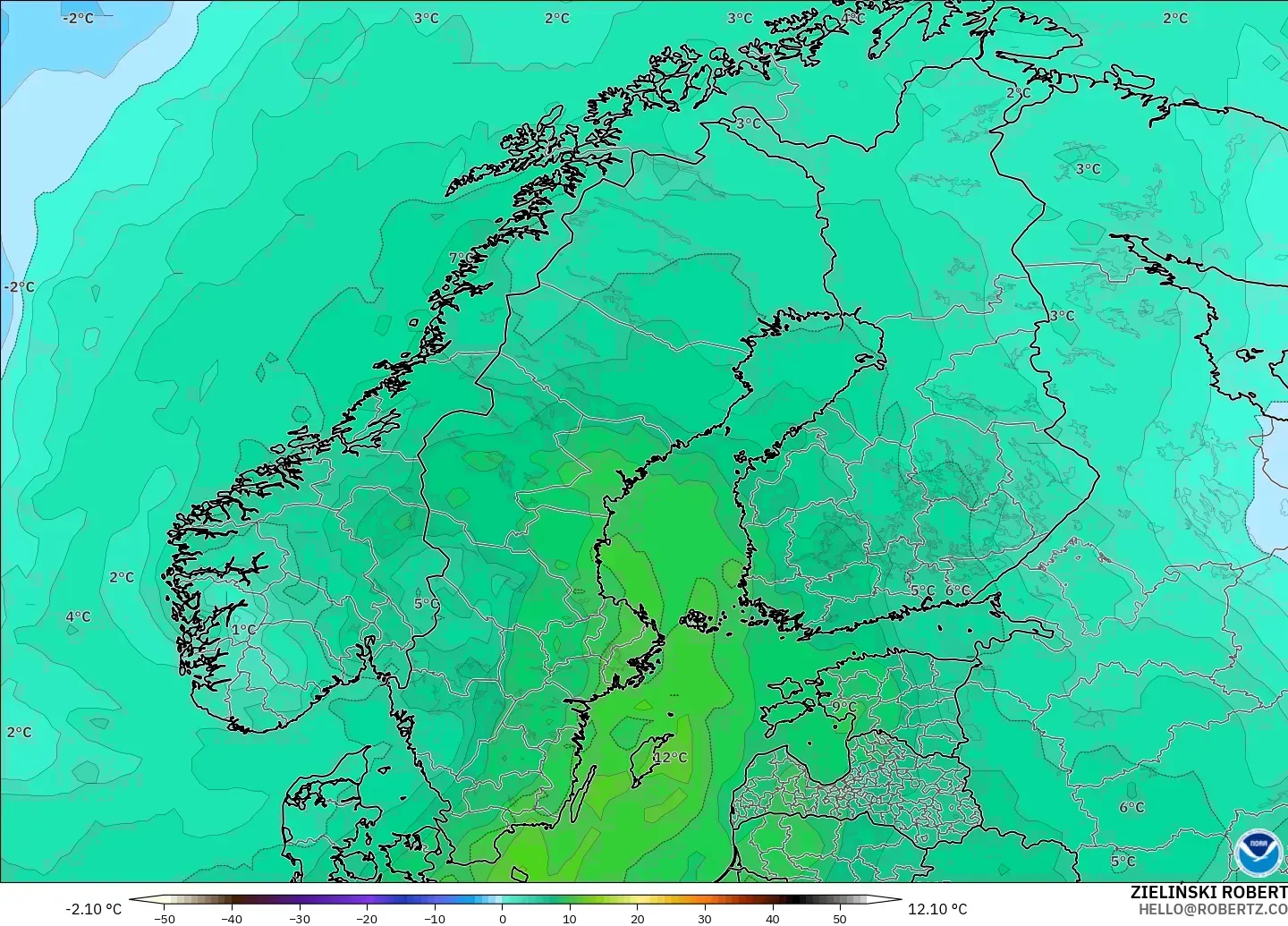 GFS model - Scandinavia, Temperature at 850hPa