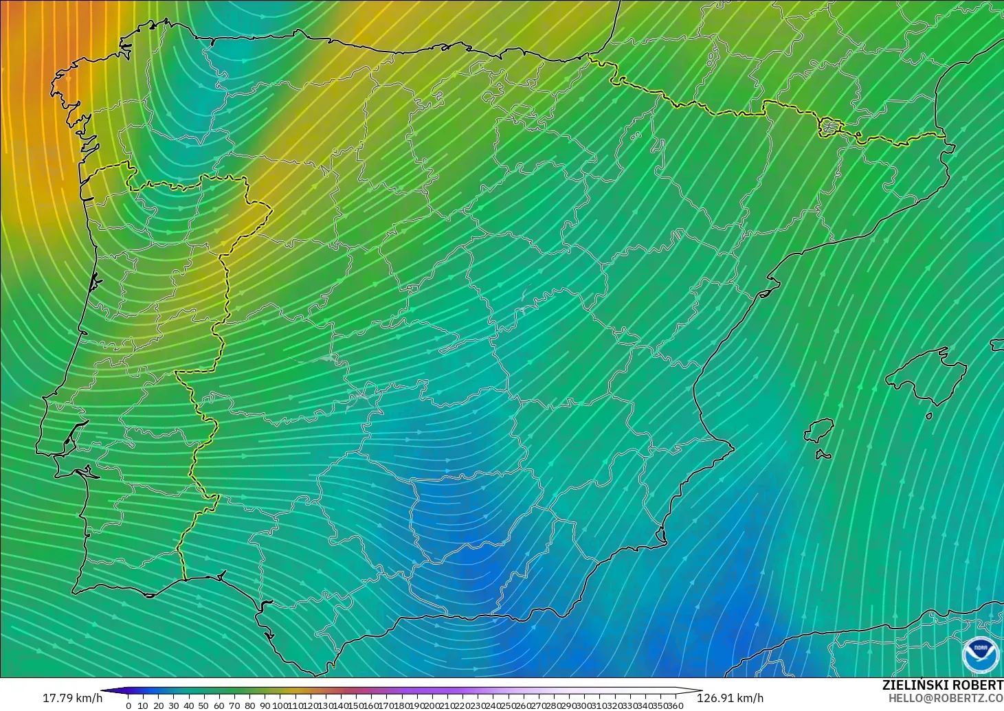 GFS model - Spain, Wind at 300hPa (jet stream)