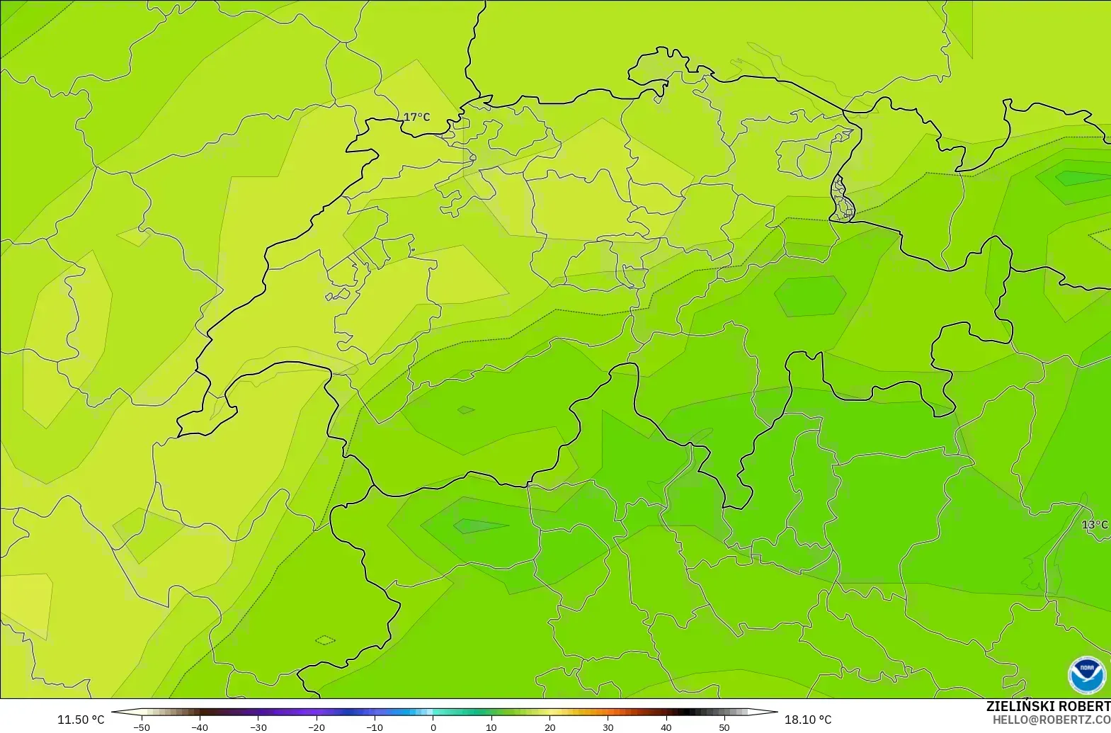 GFS model - Switzerland, Temperature at 850hPa