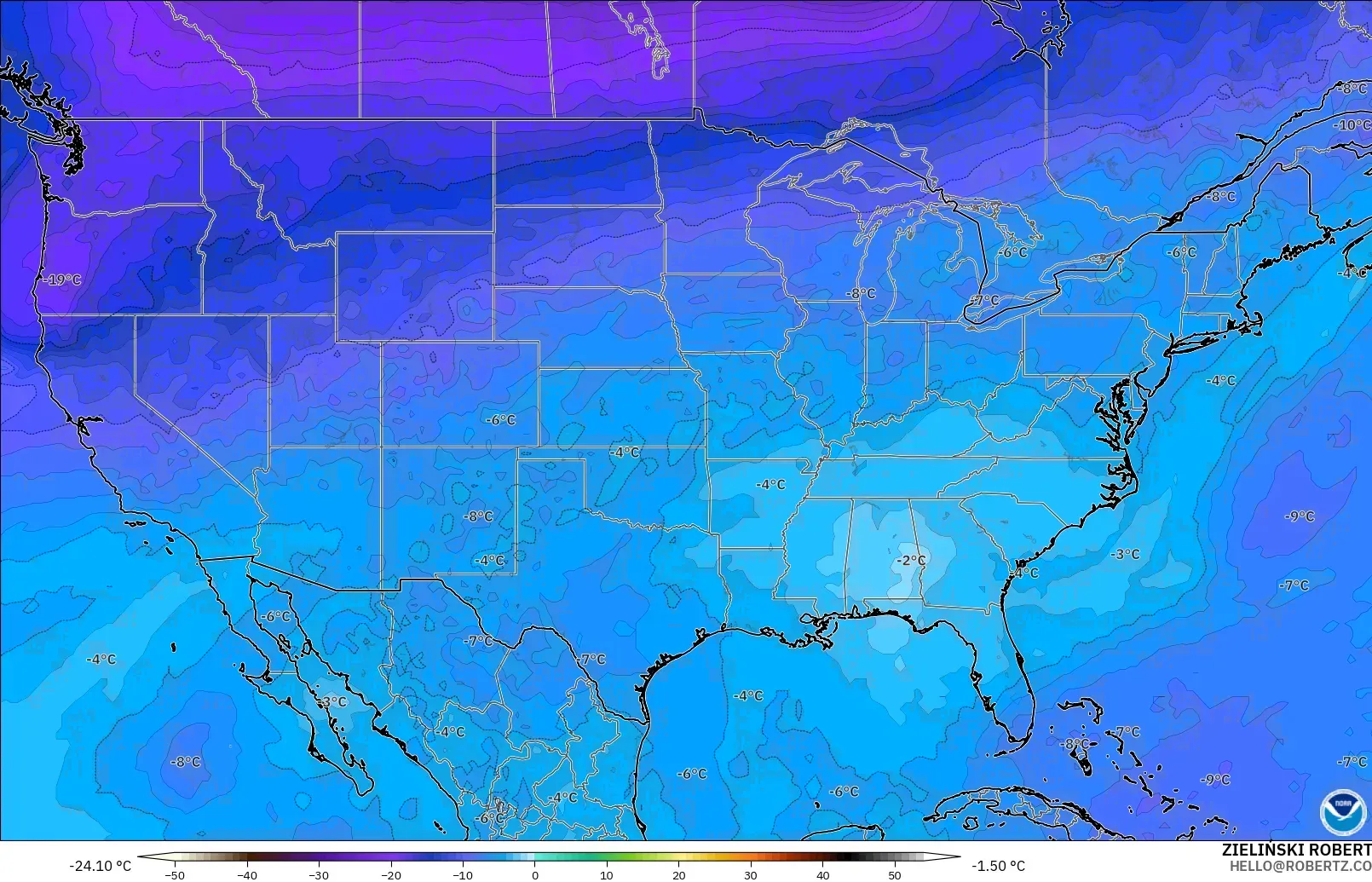 GFS model - United States, Temperature at 500hPa