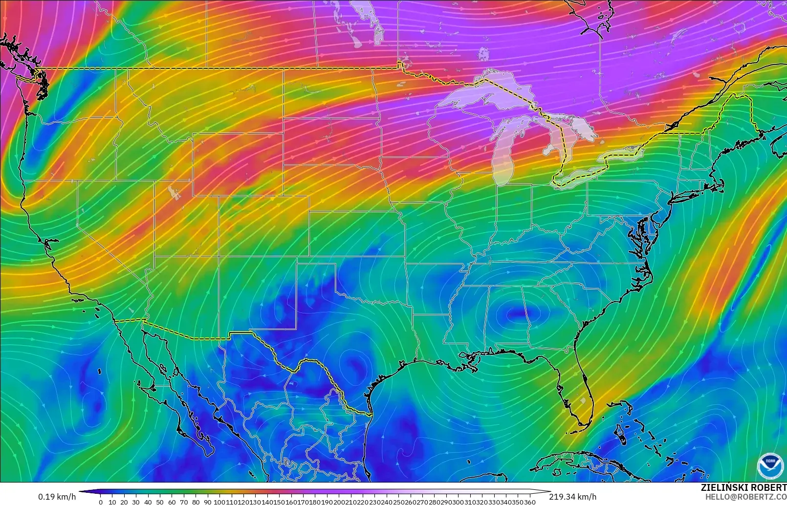 GFS model - United States, Wind at 300hPa (jet stream)