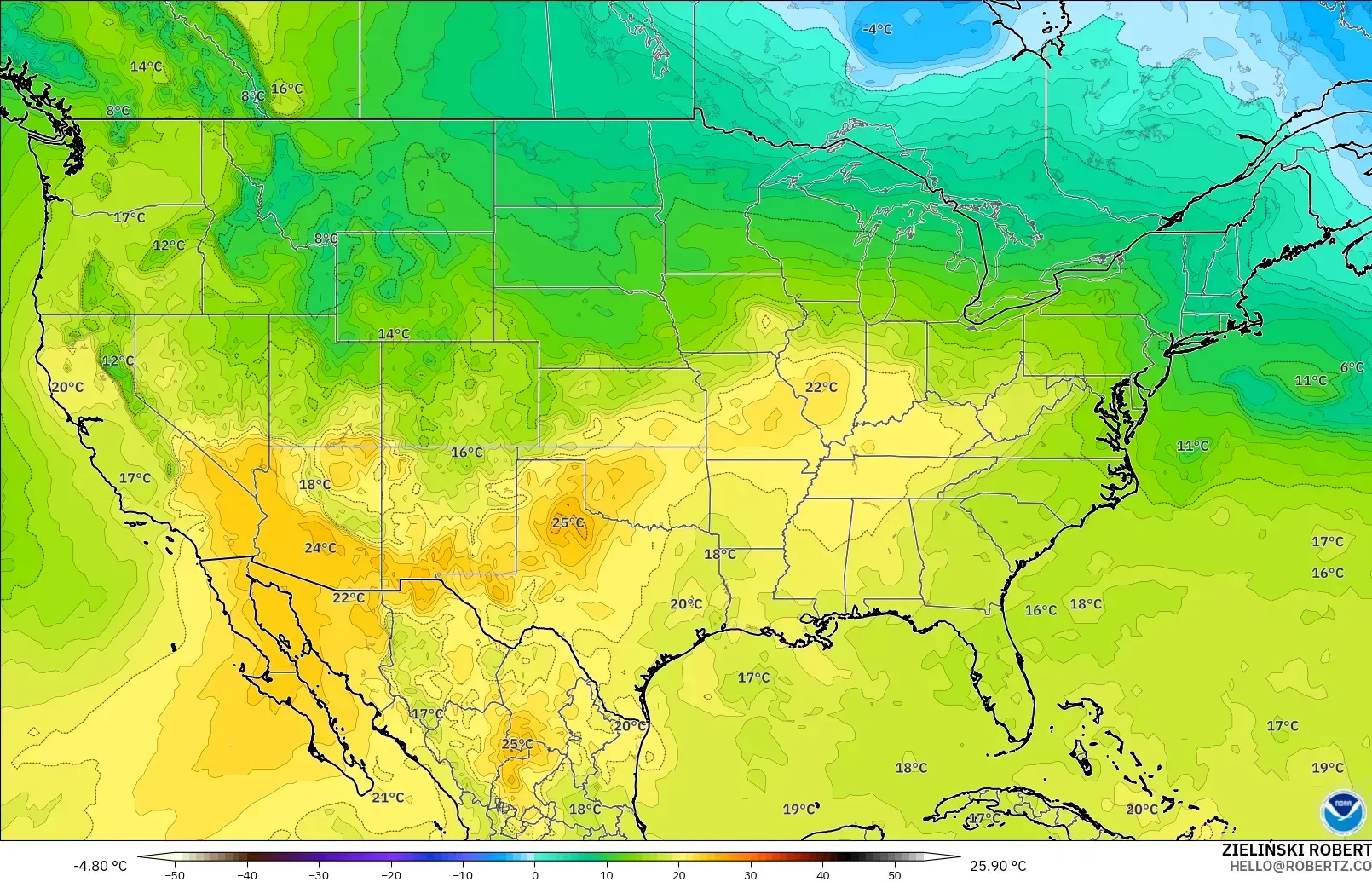GFS model - United States, Temperature at 850hPa