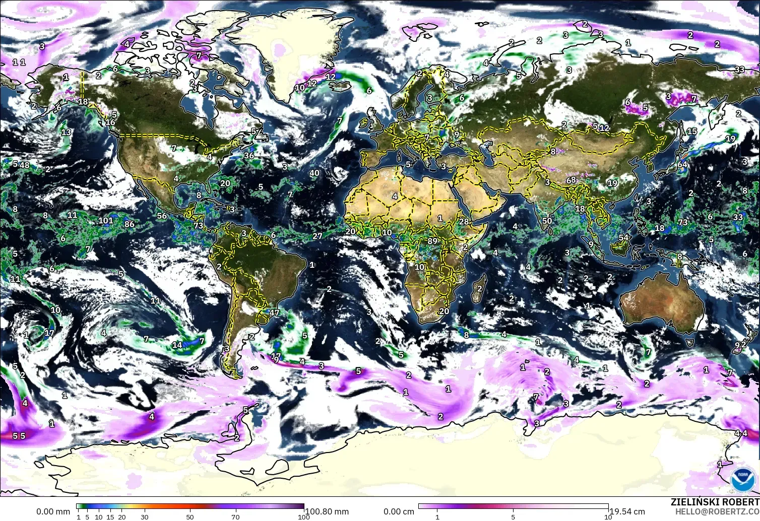 GFS model - World, Precipitation, Clouds, and Pressure