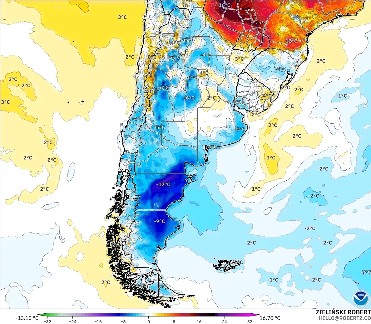 GFS model - Argentina, Temperature at 2m Anomaly