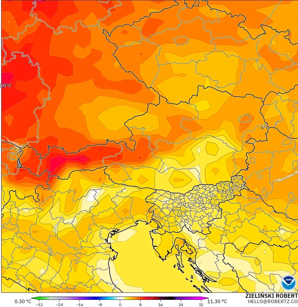 GFS model - Austria, Temperature at 2m Anomaly