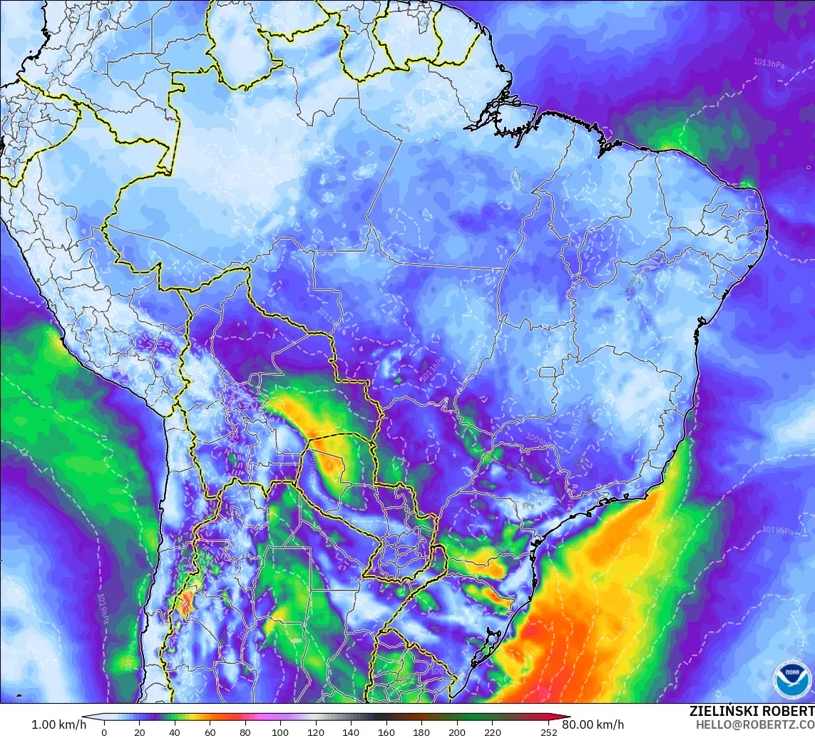 GFS model - Brazil, Wind Gusts Peak