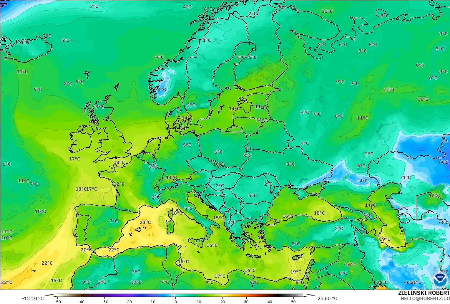 GFS model - Europe, Dewpoint at 2m