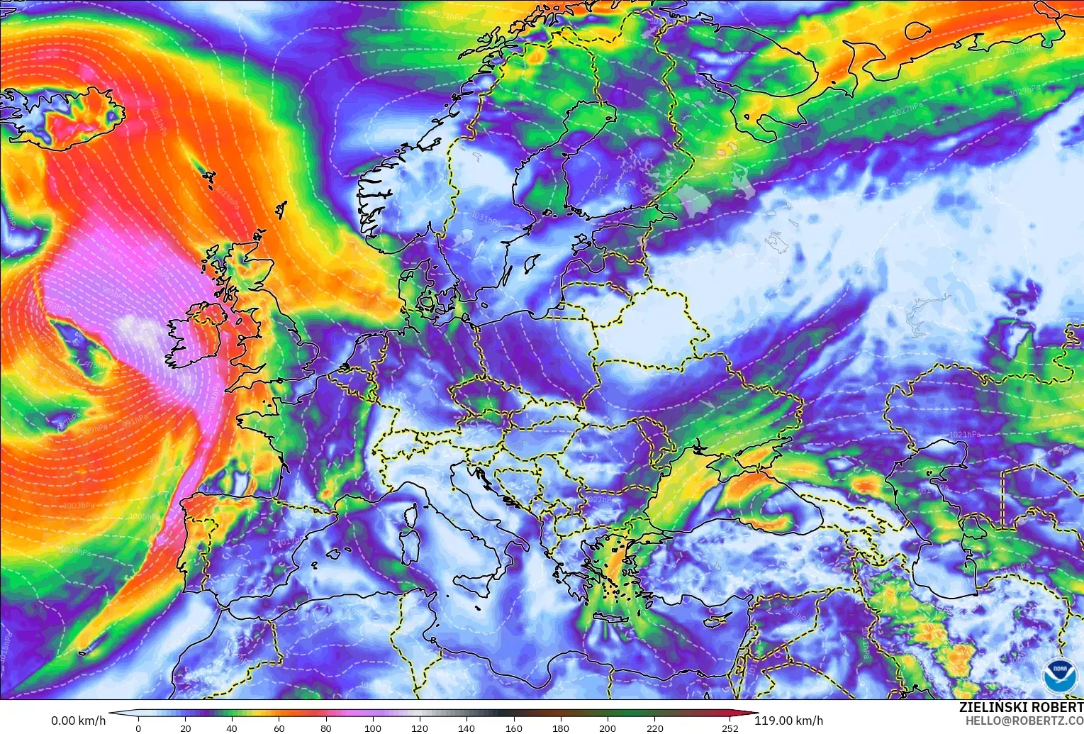 GFS model - Europe, Wind Gusts Peak