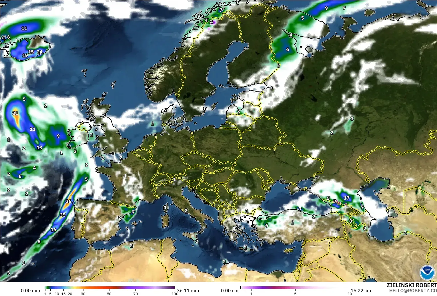 GFS model - Europe, Precipitation, Clouds, and Pressure