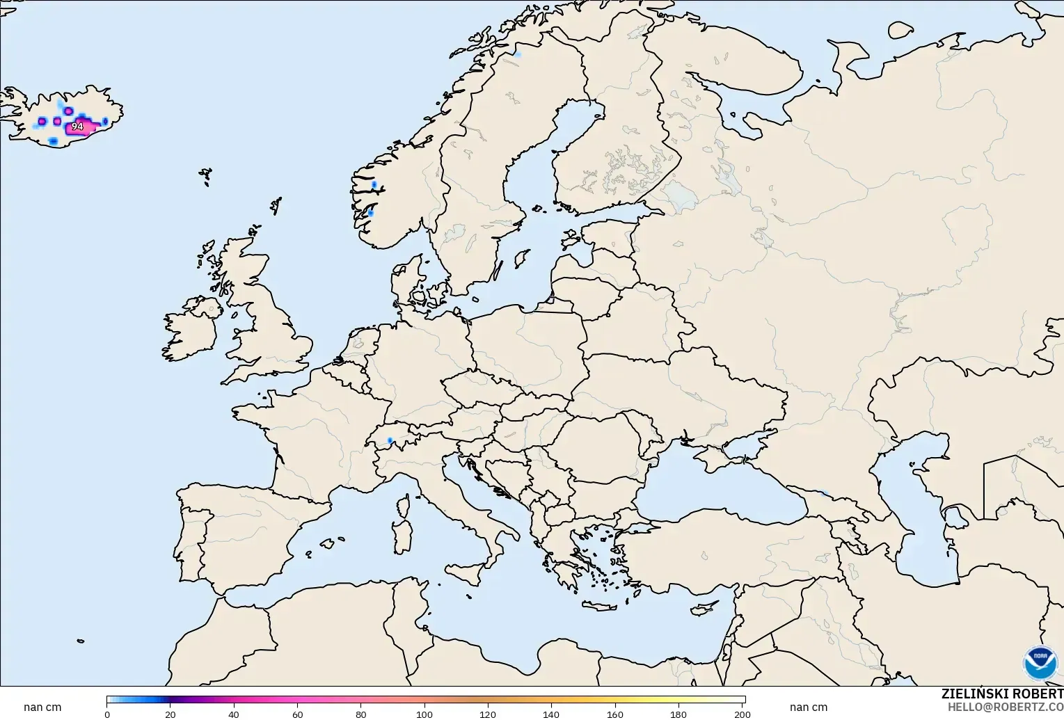GFS model - Europe, Snow Depth