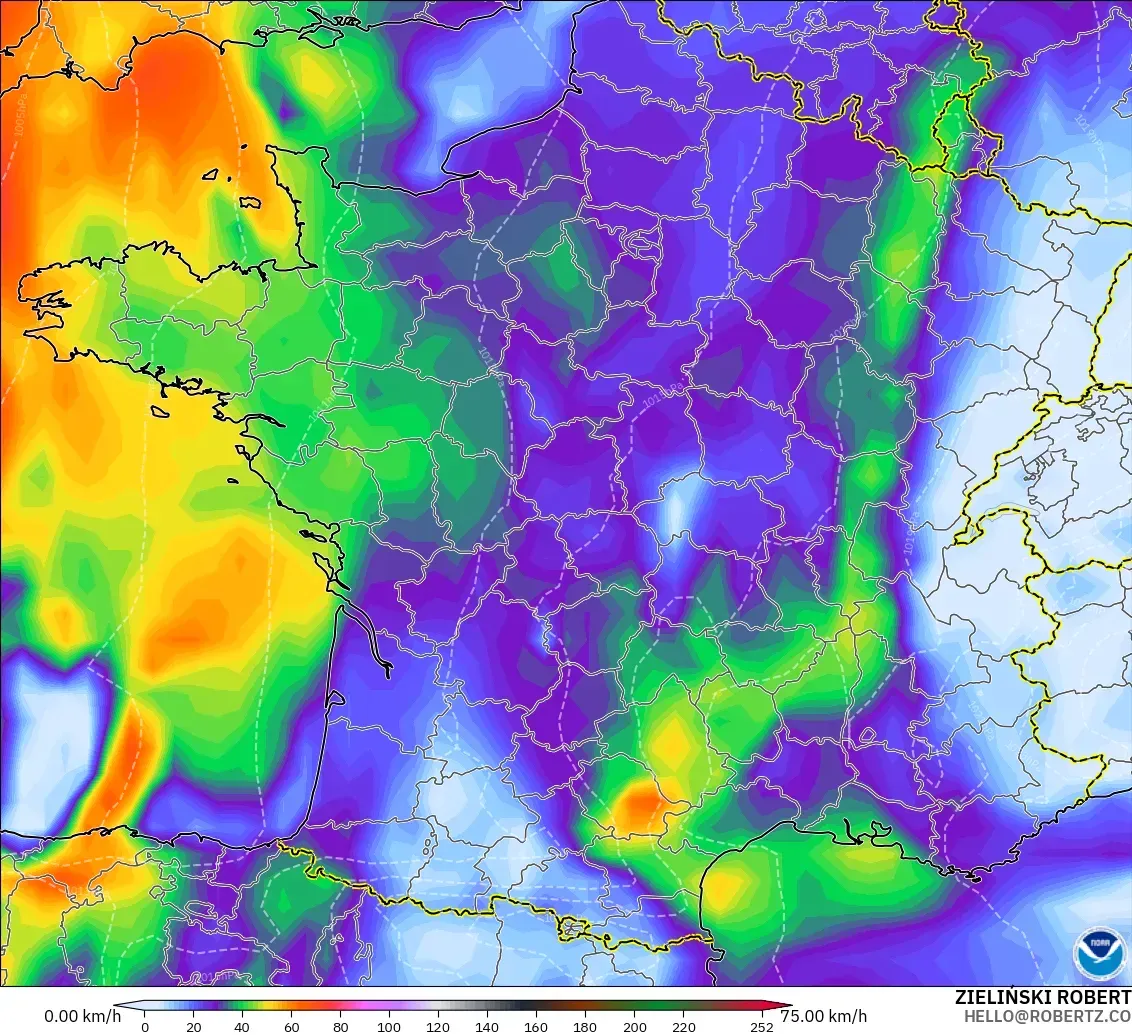 GFS model - France, Wind Gusts Peak