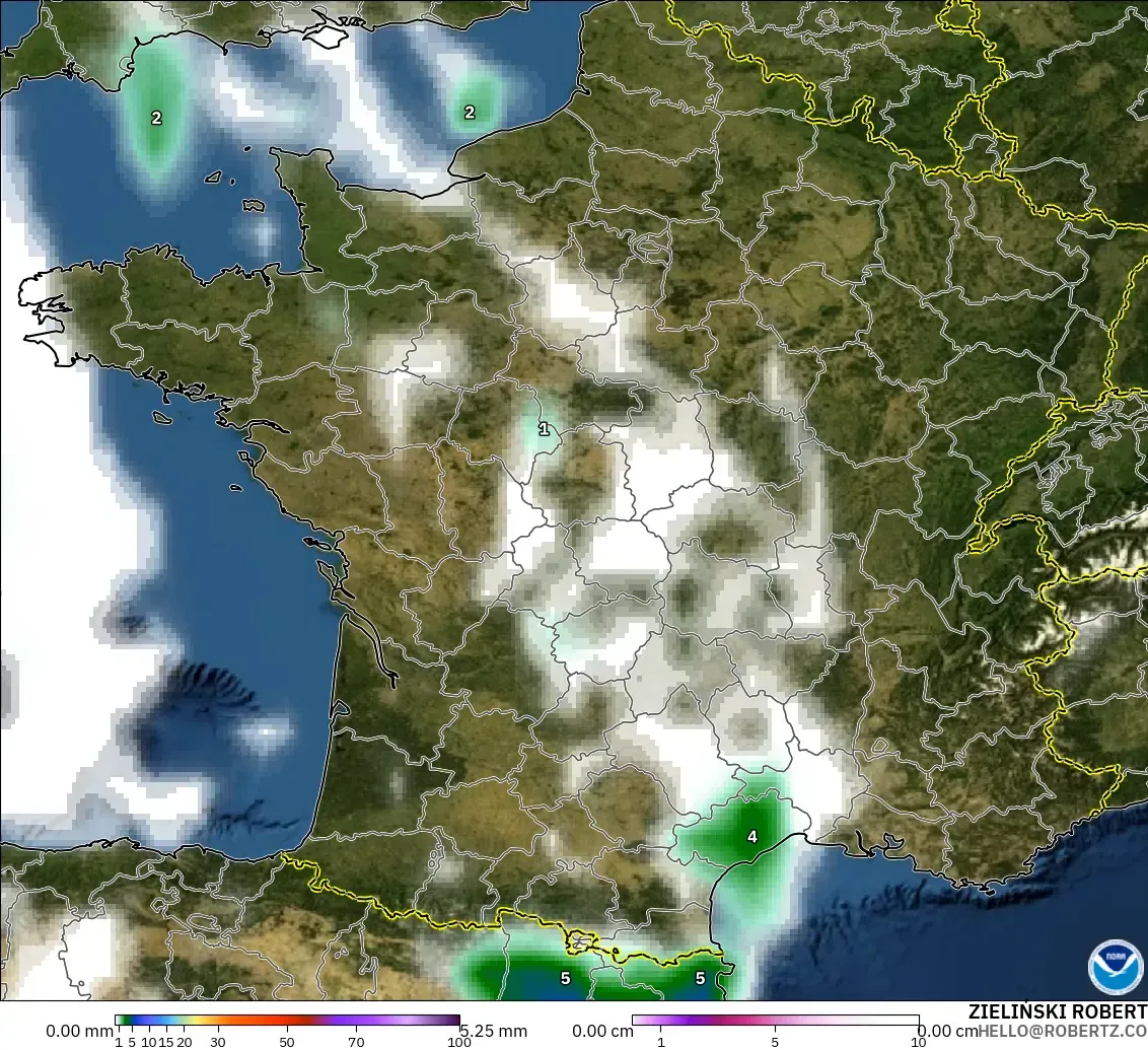 GFS model - France, Precipitation, Clouds, and Pressure