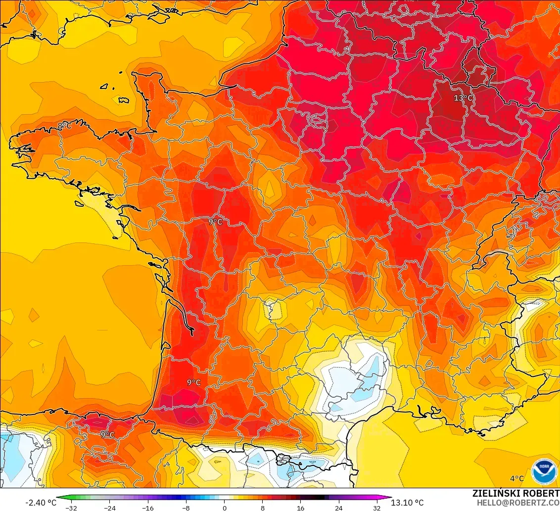 GFS model - France, Temperature at 2m Anomaly