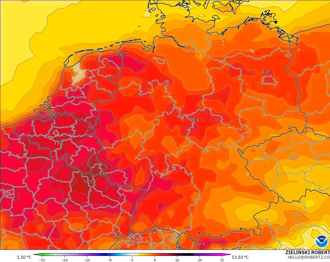 GFS model - Germany, Temperature at 2m Anomaly