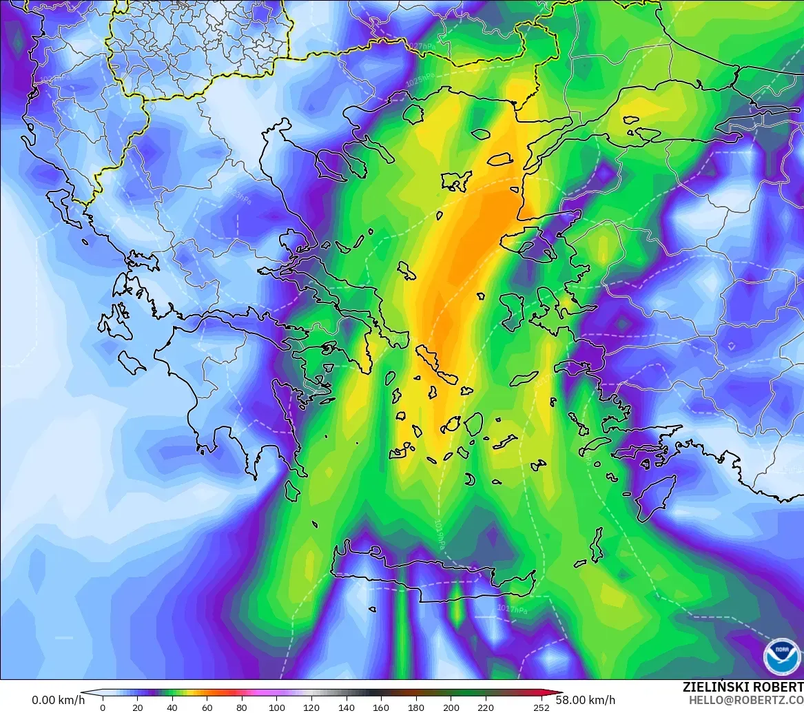 GFS model - Greece, Wind Gusts Peak
