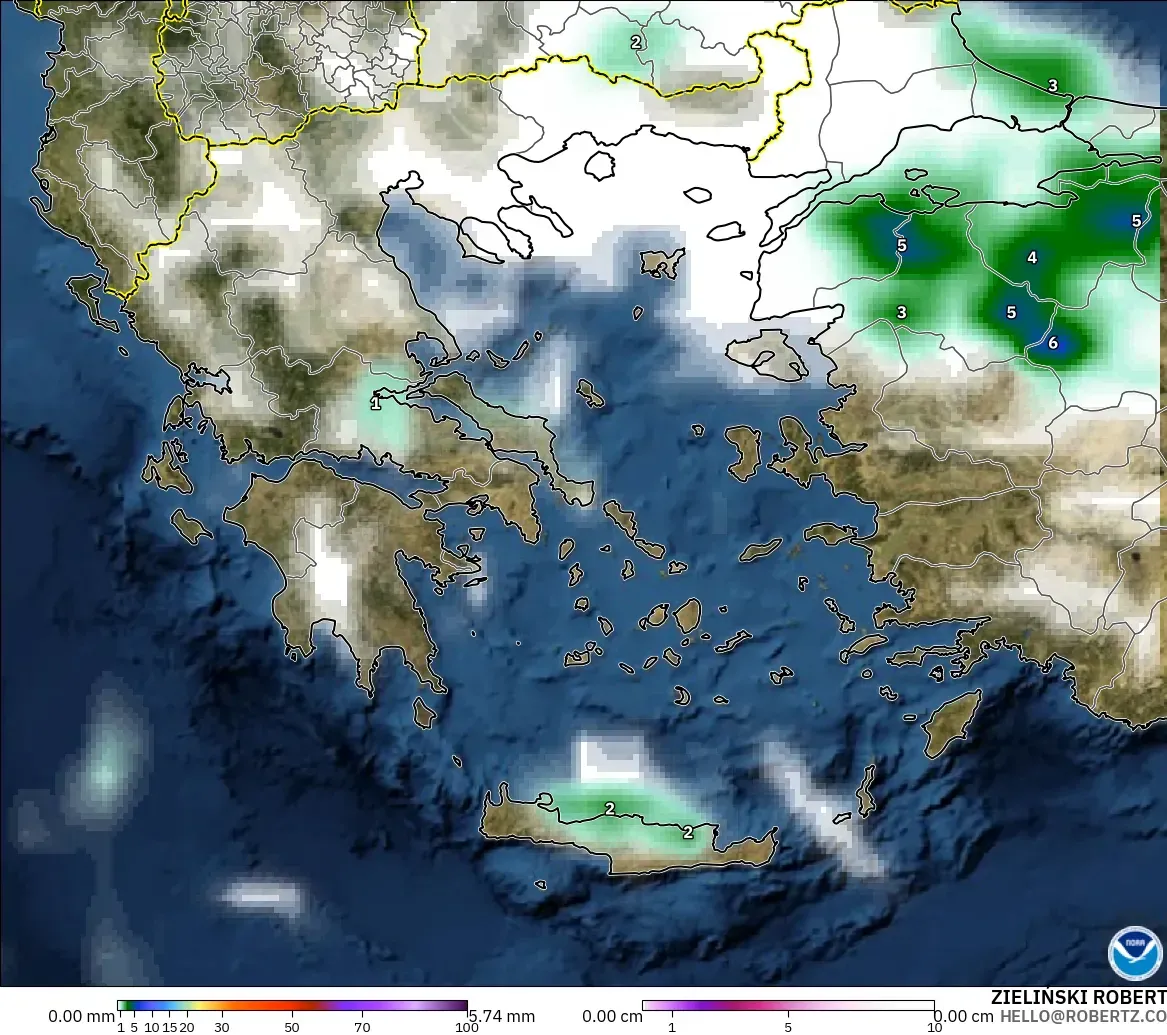 GFS model - Greece, Precipitation, Clouds, and Pressure
