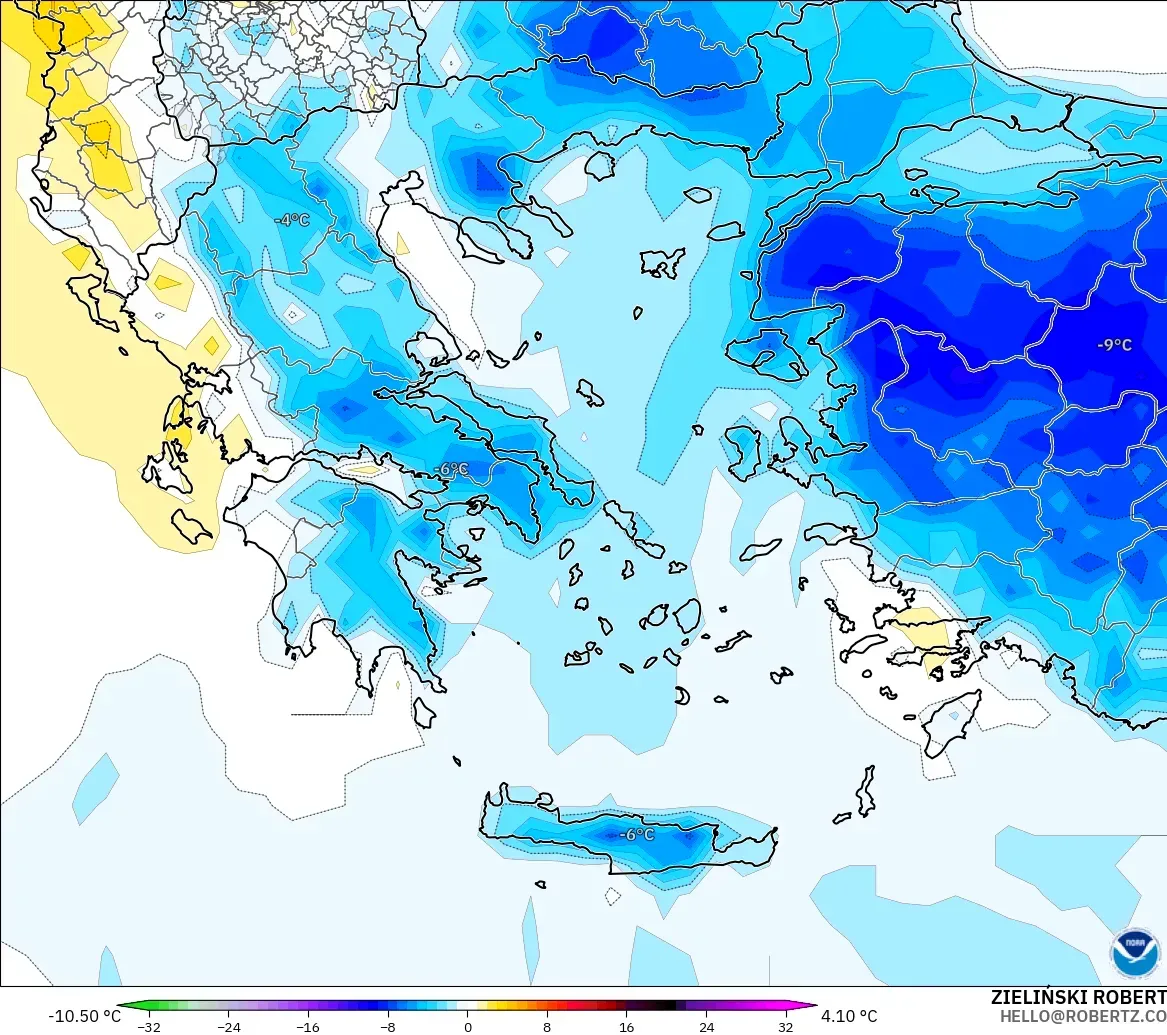 GFS model - Greece, Temperature at 2m Anomaly