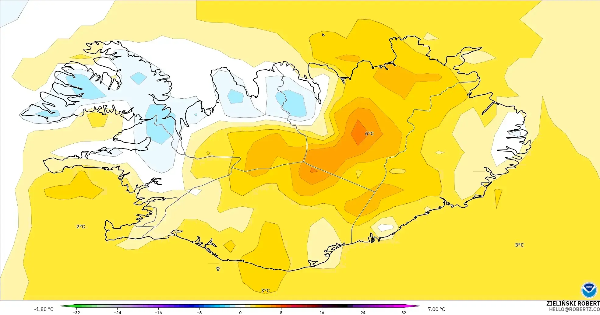 GFS model - Iceland, Temperature at 2m Anomaly