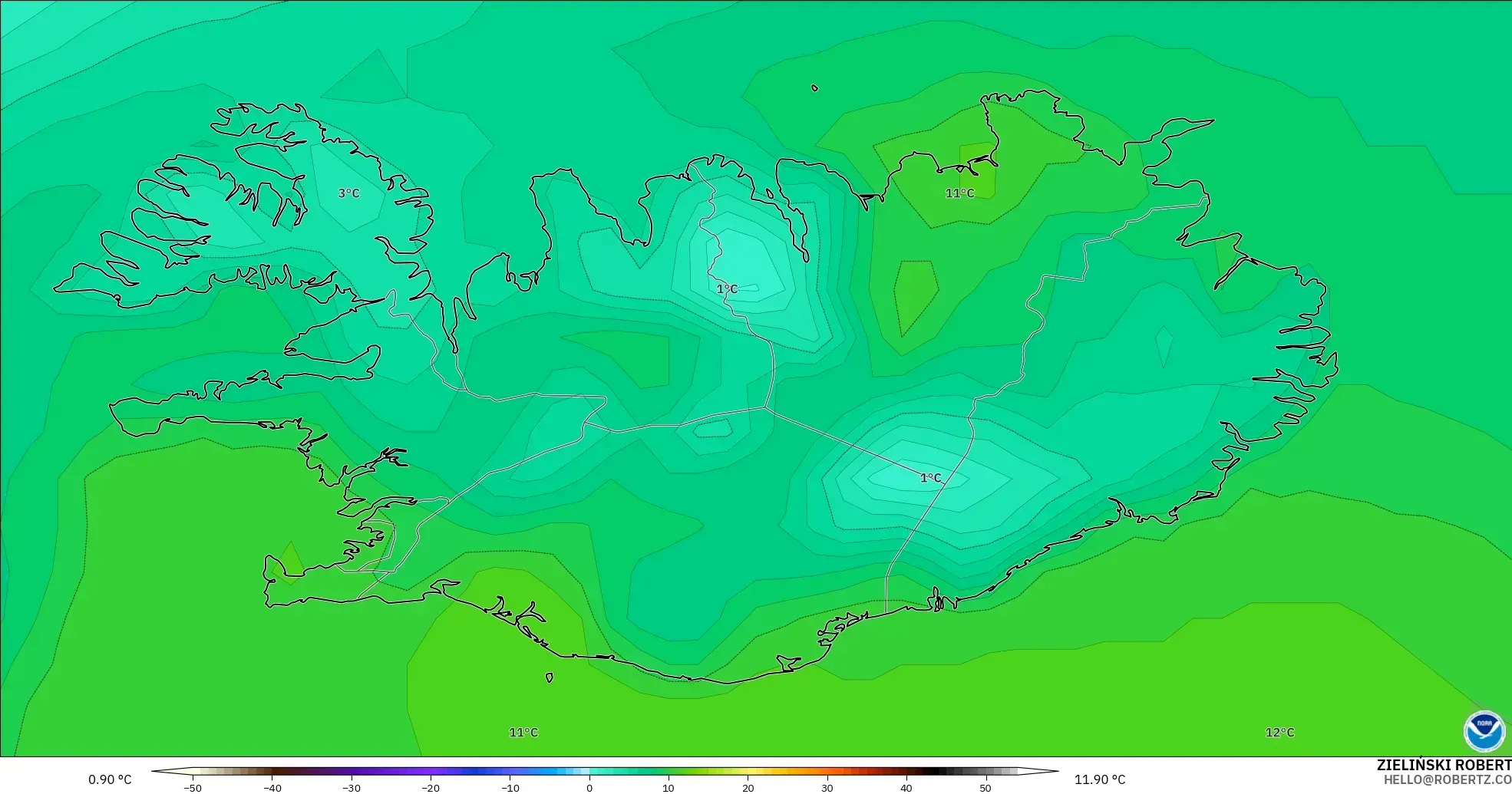 GFS model - Iceland, Temperature at 2m