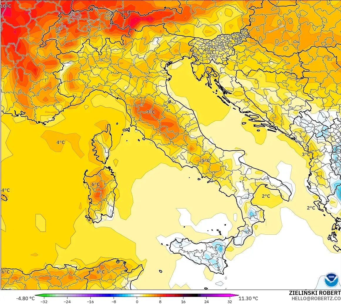 GFS model - Italy, Temperature at 2m Anomaly