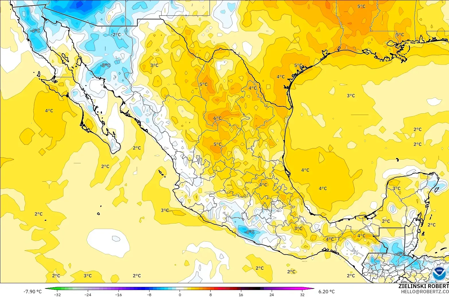 GFS model - Mexico, Temperature at 2m Anomaly