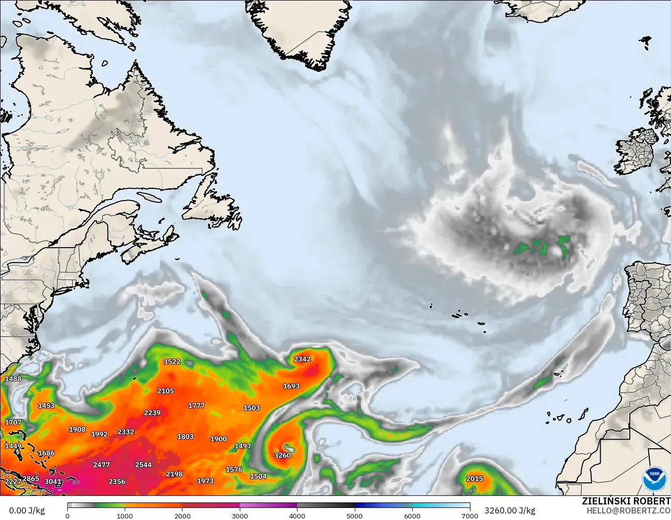 GFS model - North Atlantic, CAPE