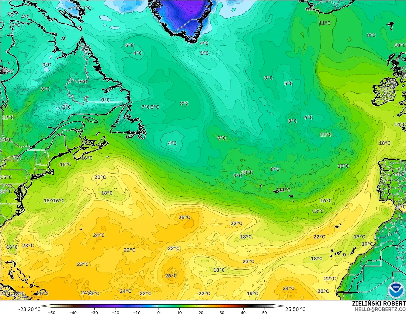 GFS model - North Atlantic, Dewpoint at 2m