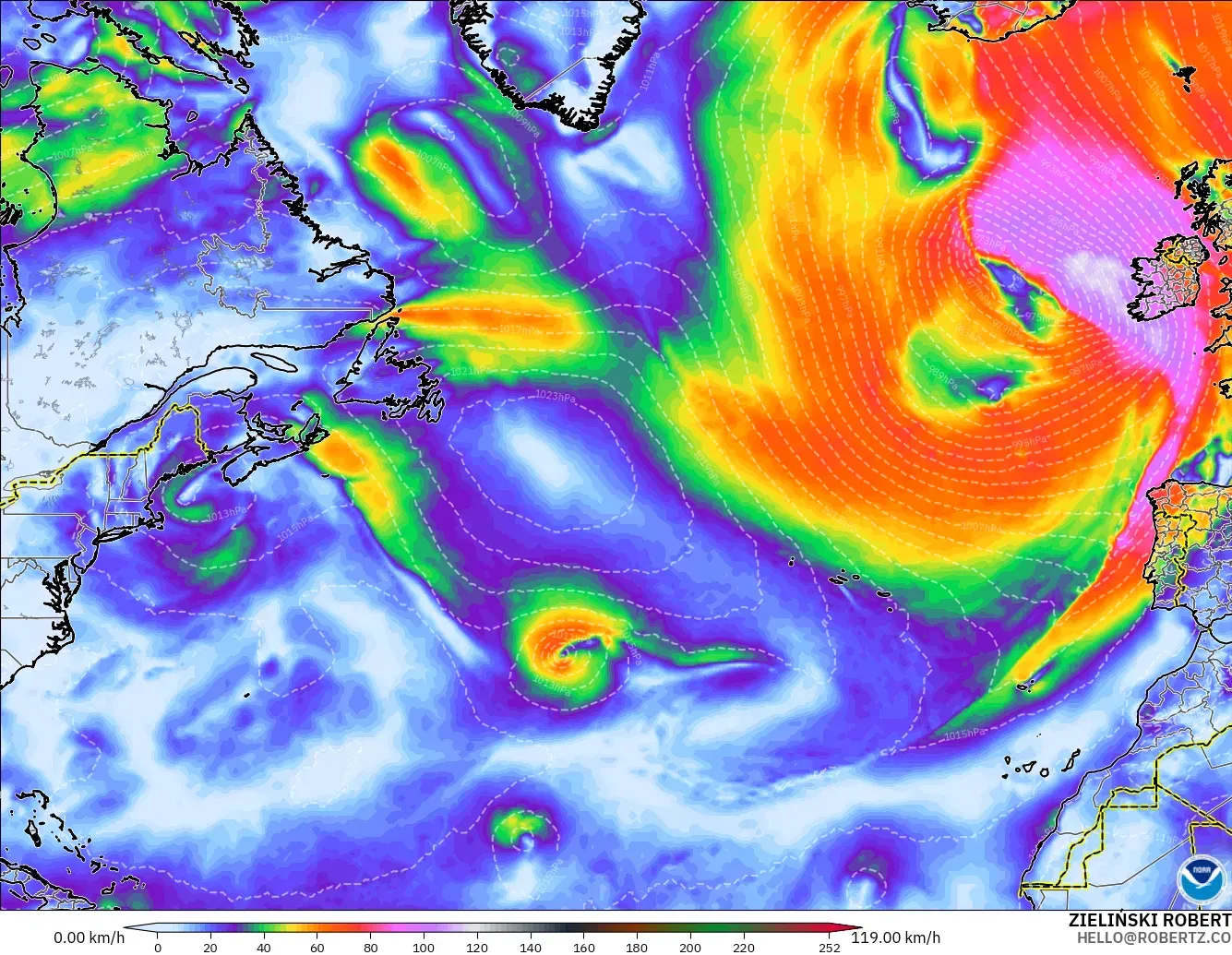 GFS model - North Atlantic, Wind Gusts Peak