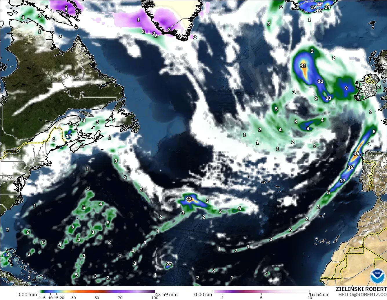 GFS model - North Atlantic, Precipitation, Clouds, and Pressure