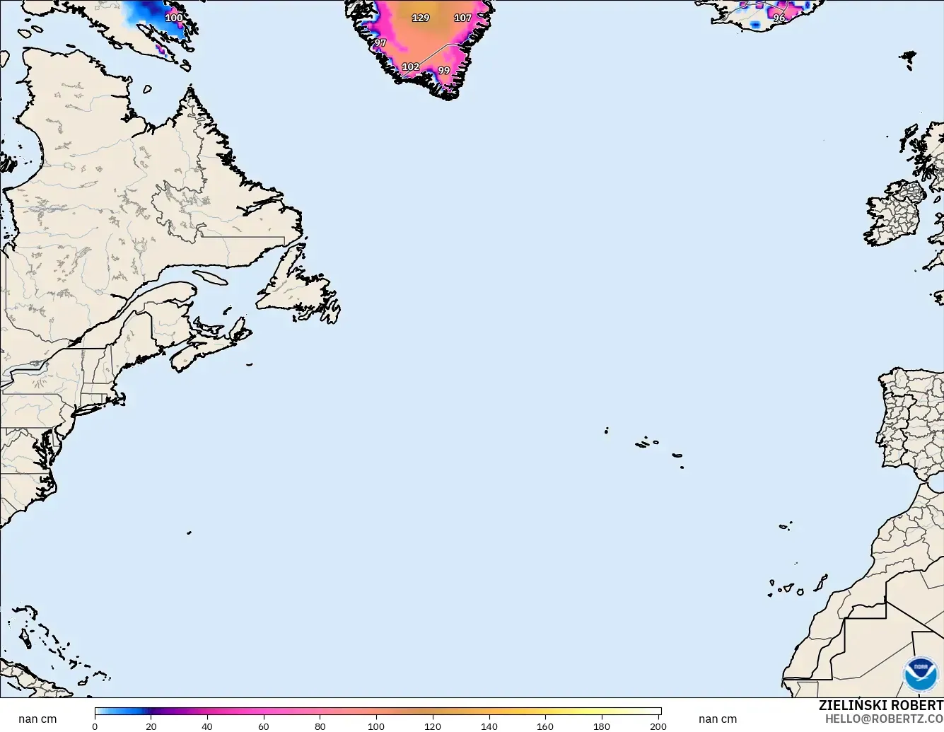 GFS model - North Atlantic, Snow Depth