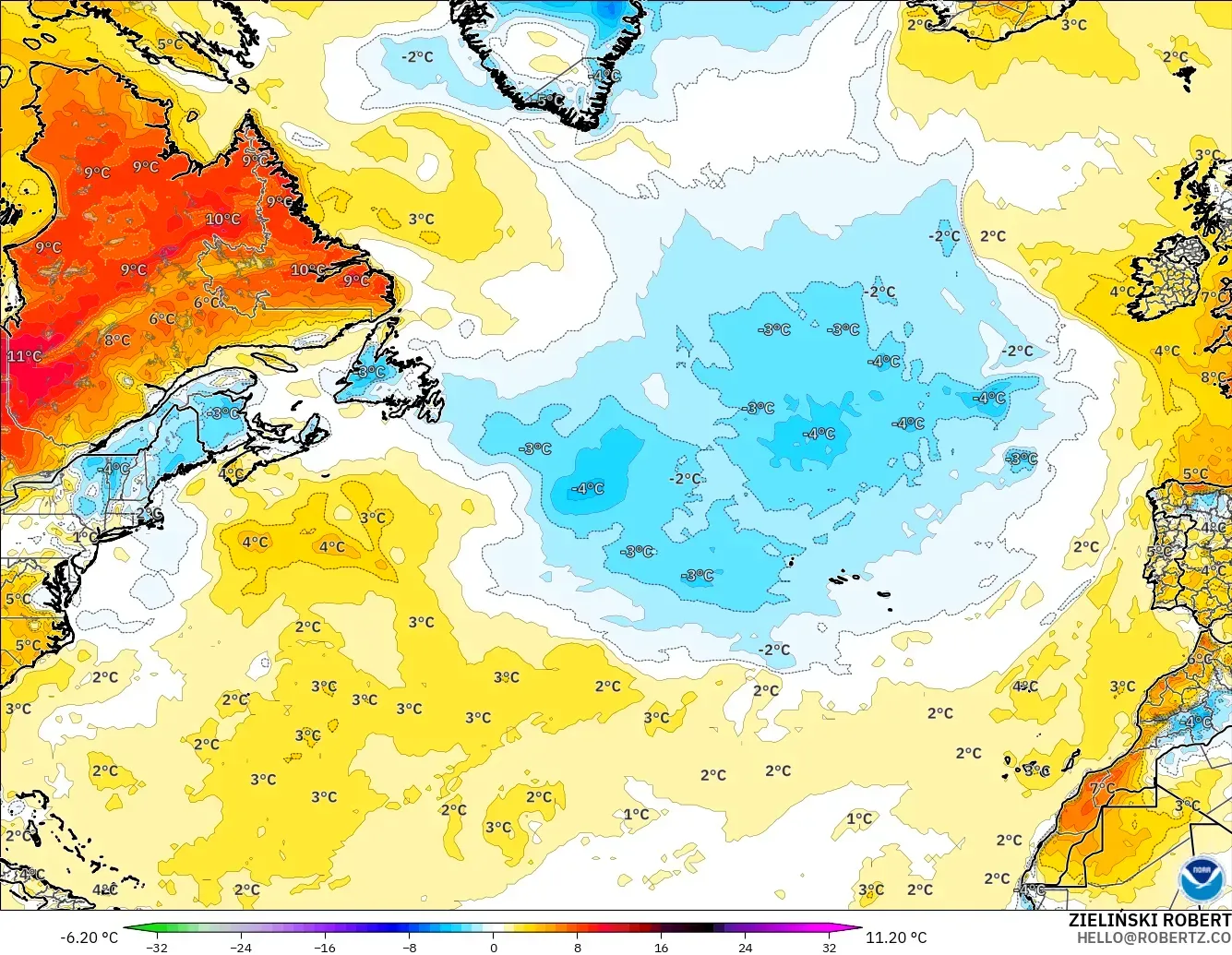 GFS model - North Atlantic, Temperature at 2m Anomaly