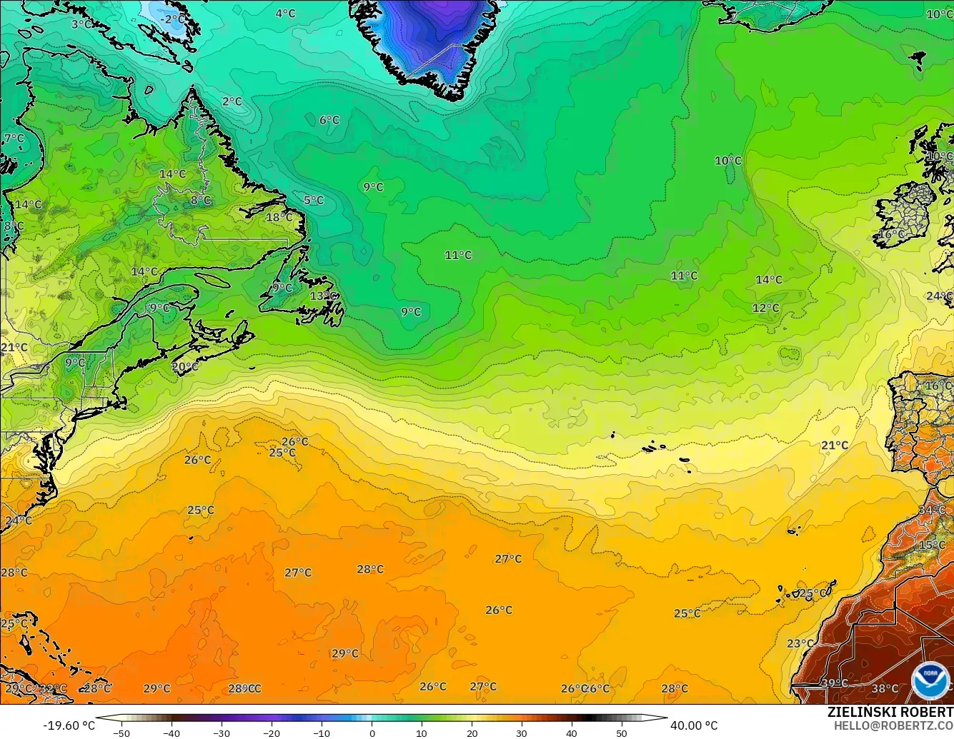 GFS model - North Atlantic, Temperature at 2m