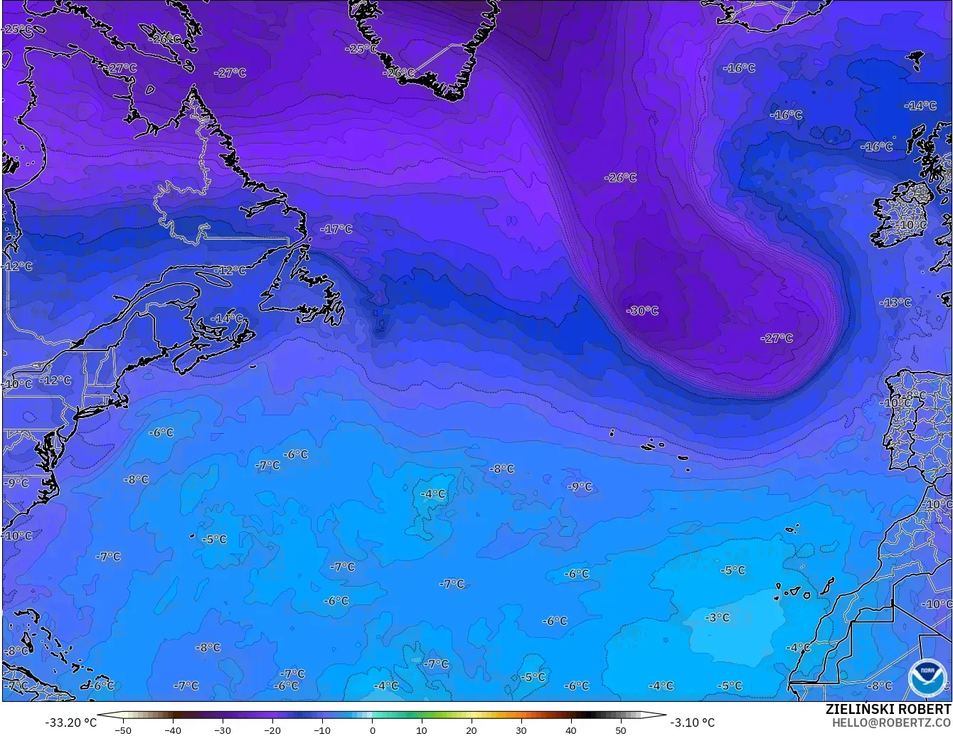 GFS model - North Atlantic, Temperature at 500hPa