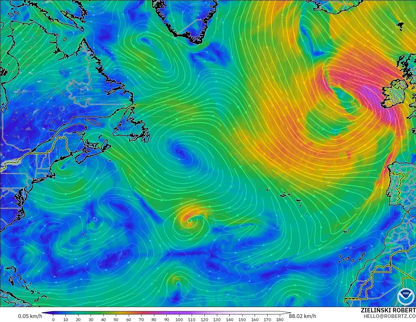 GFS model - North Atlantic, Wind at 10m