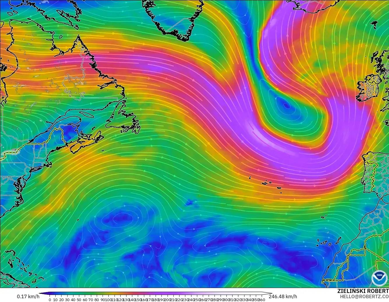 GFS model - North Atlantic, Wind at 300hPa (jet stream)