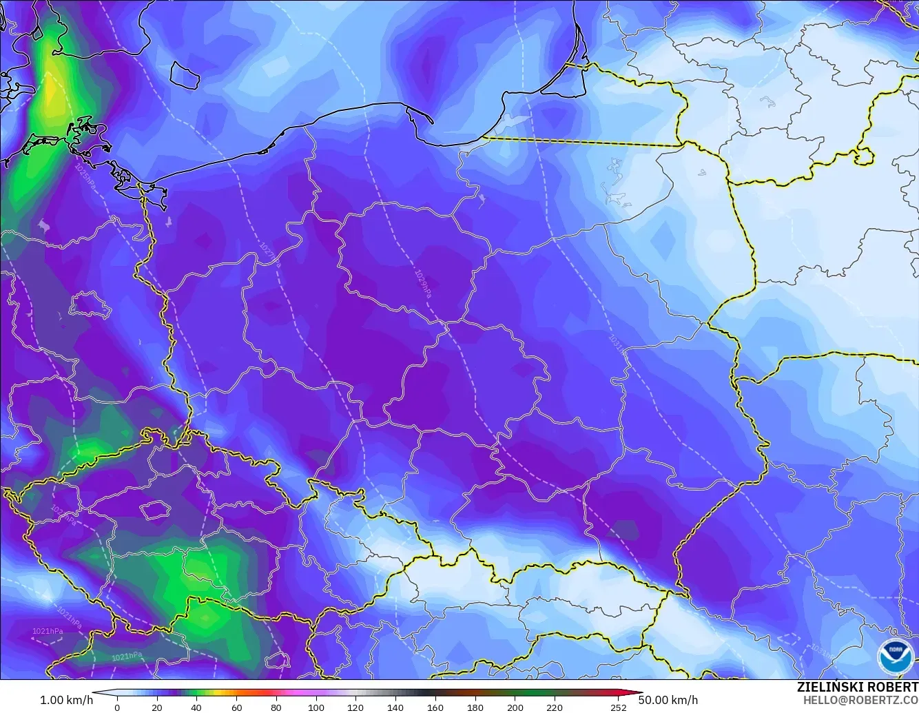 GFS model - Poland, Wind Gusts Peak