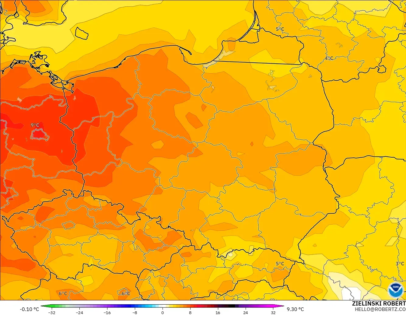 GFS model - Poland, Temperature at 2m Anomaly