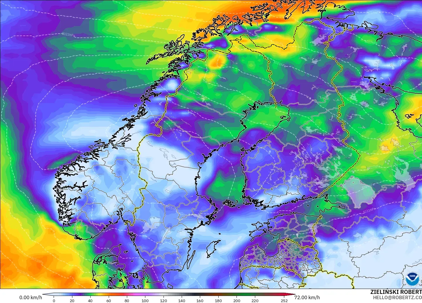 GFS model - Scandinavia, Wind Gusts Peak