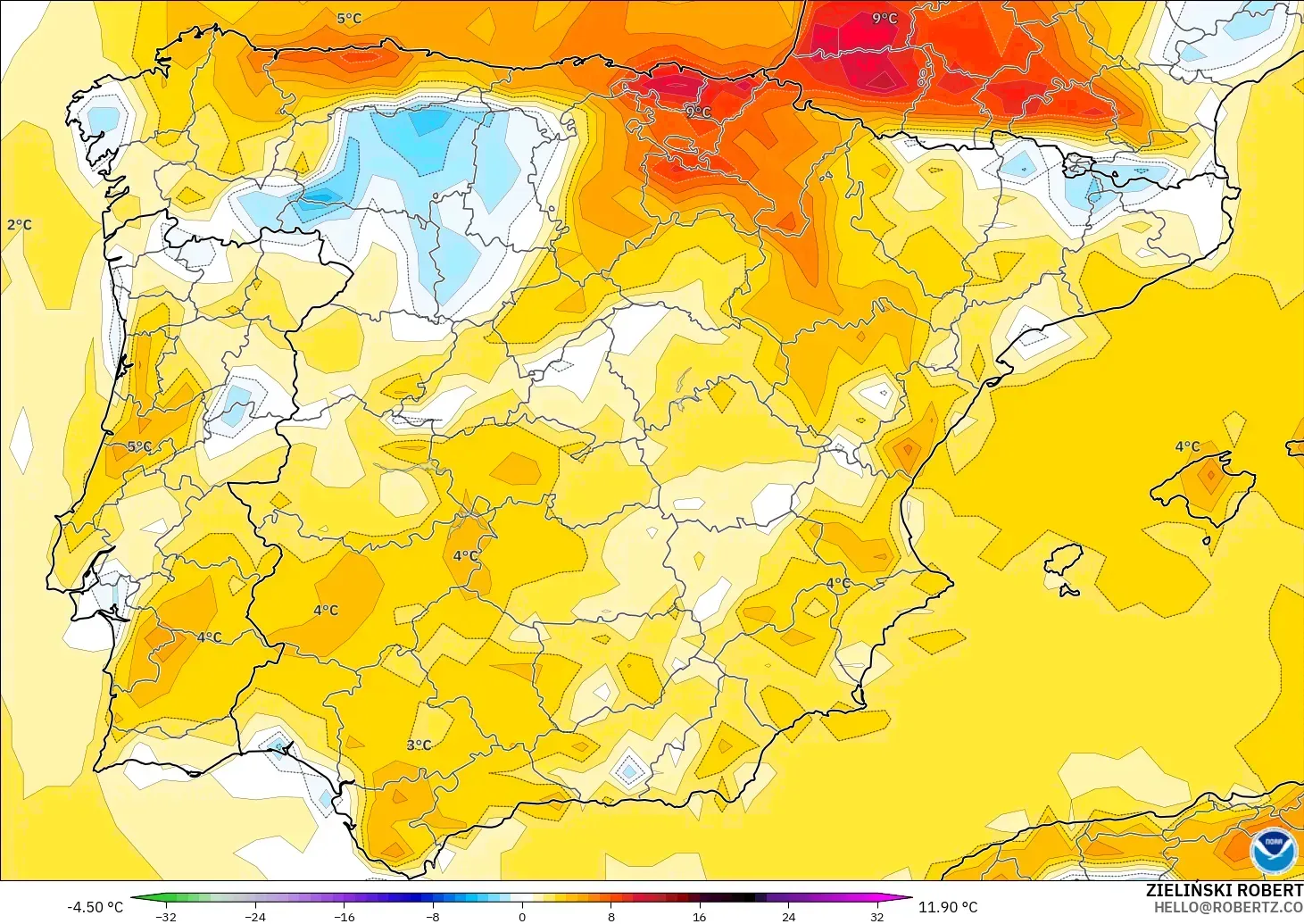 GFS model - Spain, Temperature at 2m Anomaly