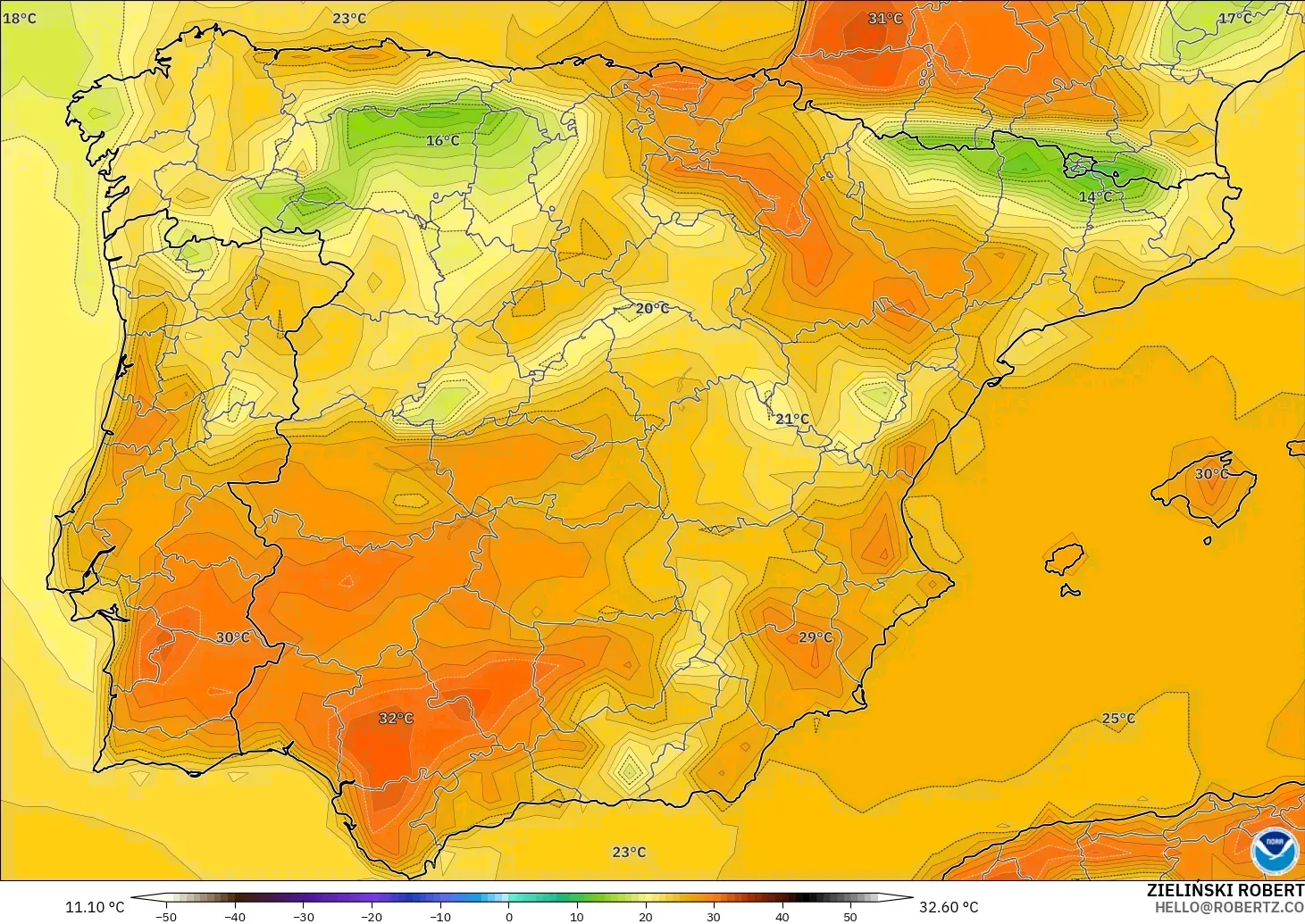 GFS model - Spain, Temperature at 2m