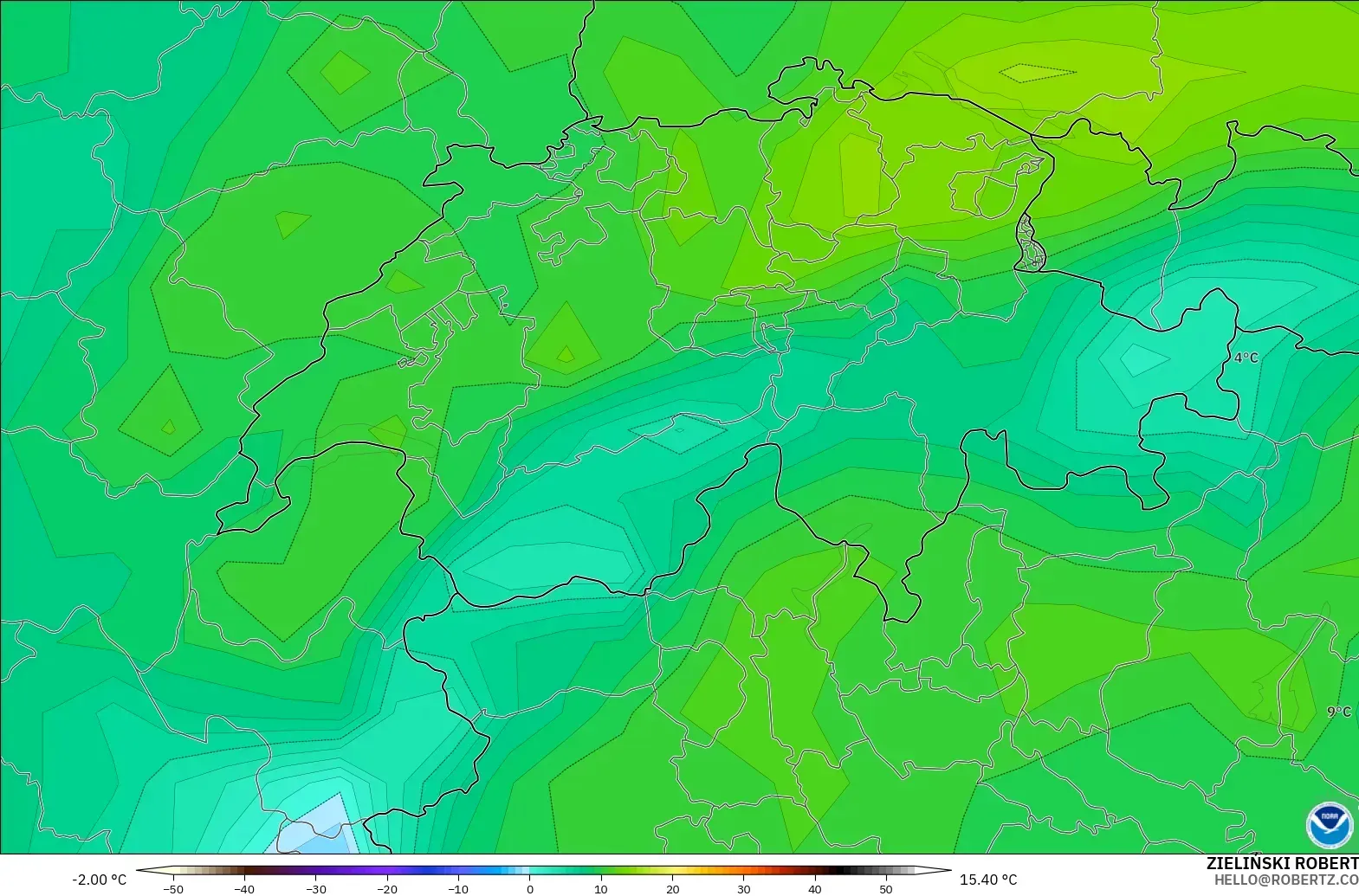 GFS model - Switzerland, Dewpoint at 2m