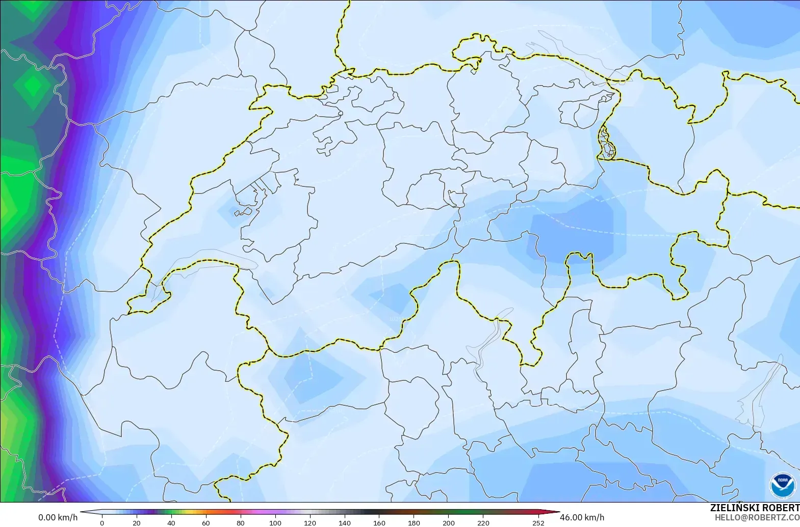 GFS model - Switzerland, Wind Gusts Peak
