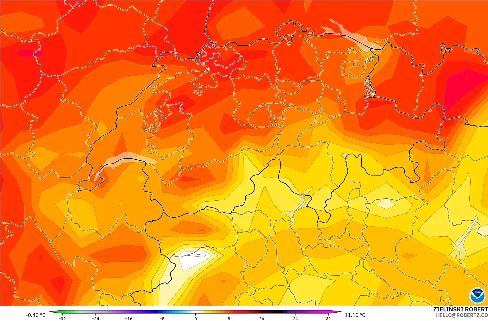 GFS model - Switzerland, Temperature at 2m Anomaly