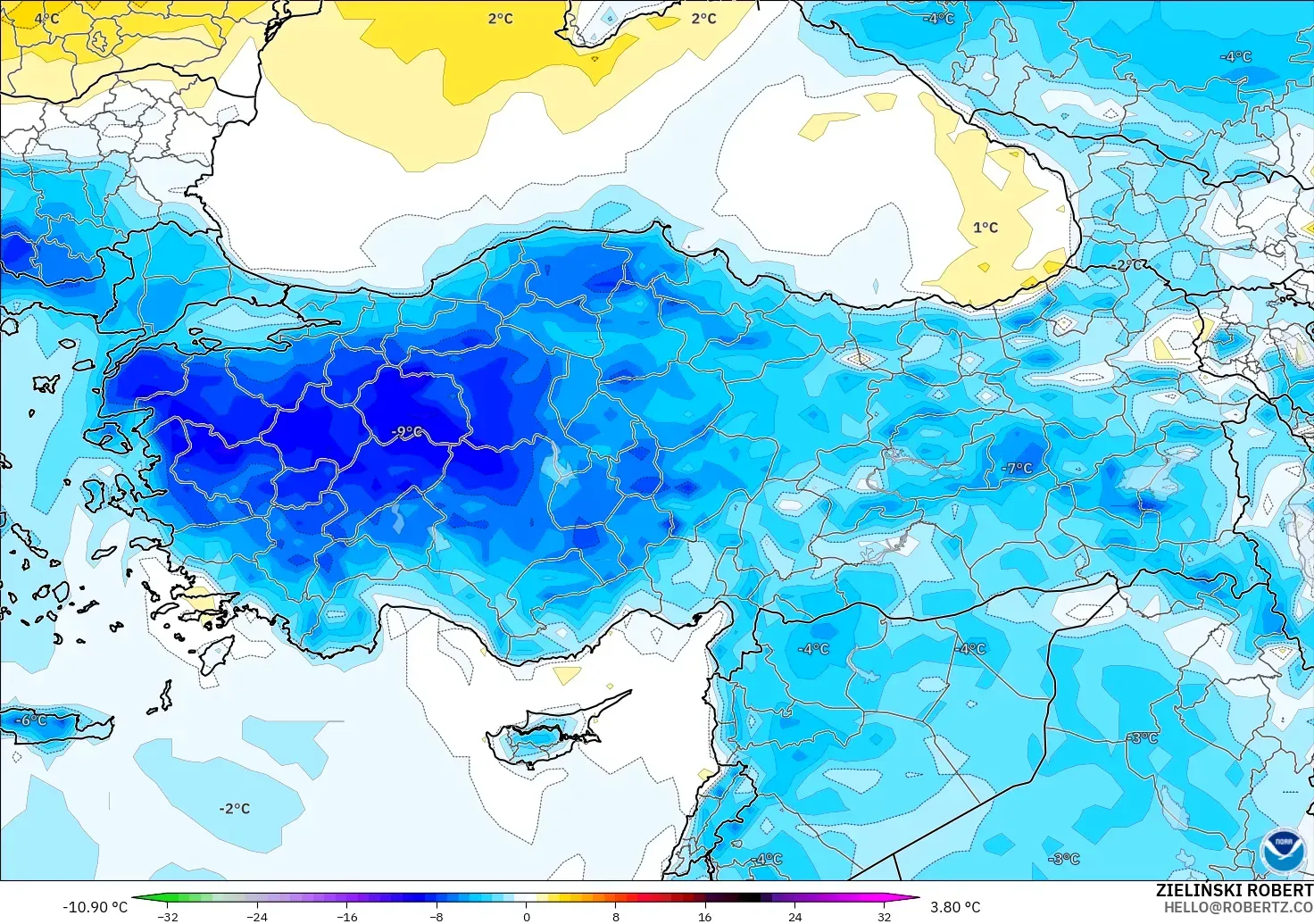 GFS model - Turkey, Temperature at 2m Anomaly