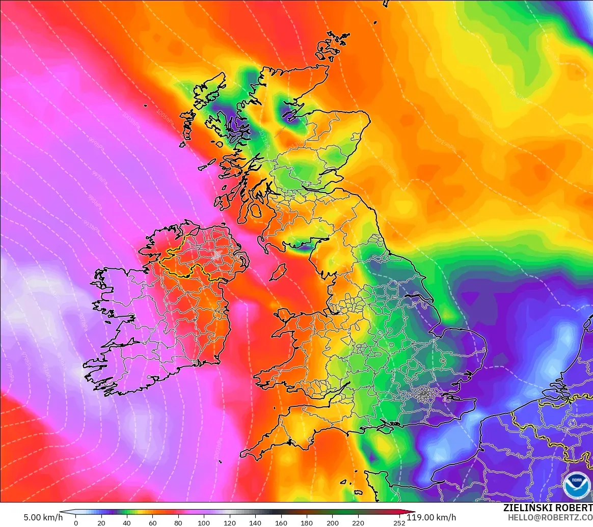 GFS model - United Kingdom, Wind Gusts Peak