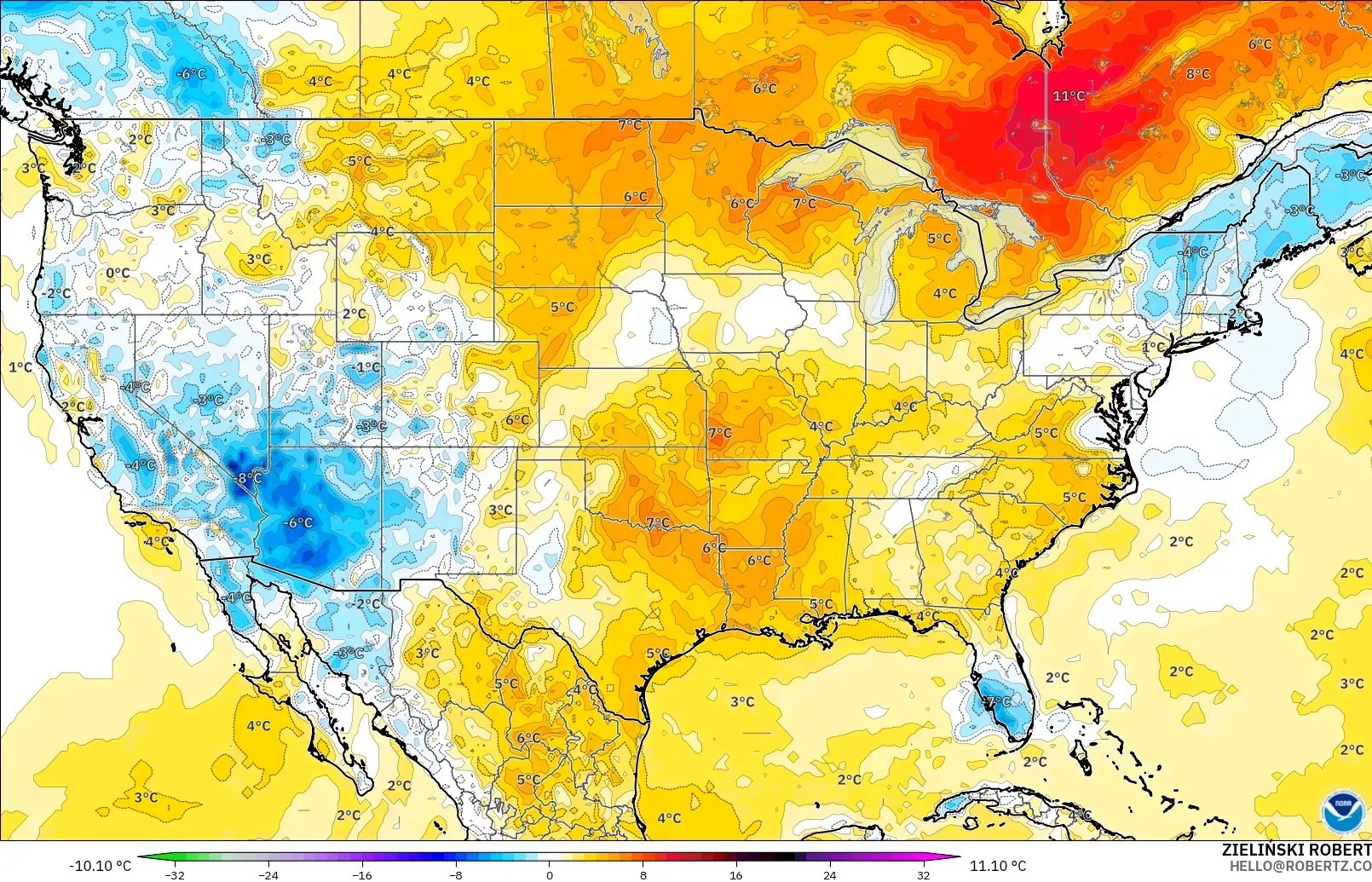 GFS model - United States, Temperature at 2m Anomaly