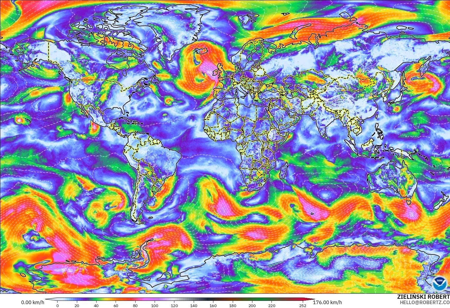 GFS model - World, Wind Gusts Peak